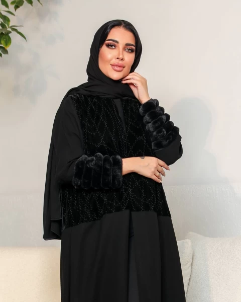 Embroidered velvet abaya with crepe IB163 Black